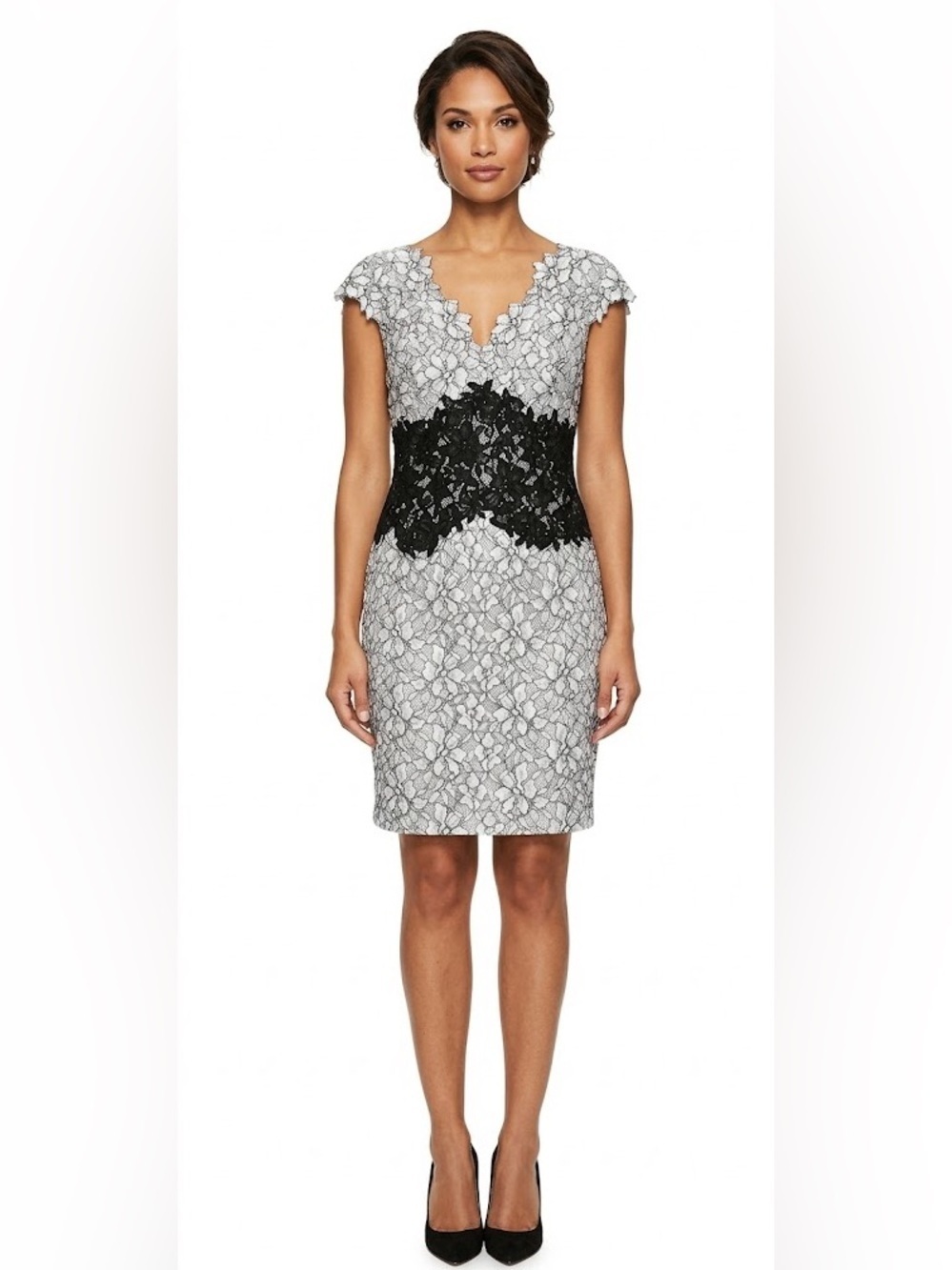 Tadashi Shoji Black White Silver Lace Cap Sleeve Formal Cocktail Dress Size 14